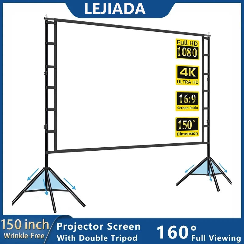 LEJIADA-Pantalla de proyector con soporte, pantalla blanca sin arrugas de 60-150 pulgadas, ángulo de visión de 160 °, doble cara, cine en casa, al aire libre