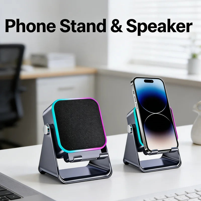 Soporte portátil para teléfono con Bluetooth 5 en 1, altavoz inalámbrico de inducción automática, soporte para teléfono con luz RGB de 8 modos, sonido envolvente