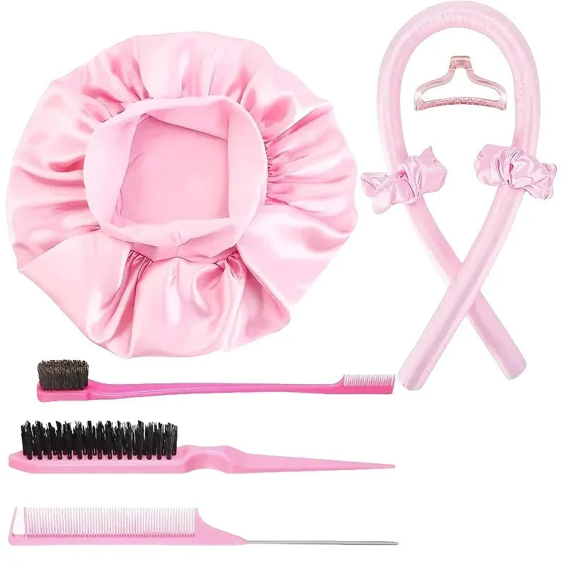 Juego de rizadores sin calor de 3/5/8 piezas con gorro de satén para dormir, pinzas para el cabello, peine y lazo para el cabello, herramientas de peinado sin calor para mujer para uso nocturno