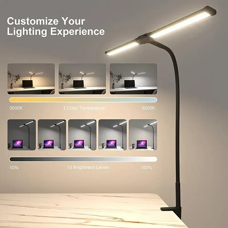 Lámpara de Escritorio LED Doble Cabezal con Clip y USB