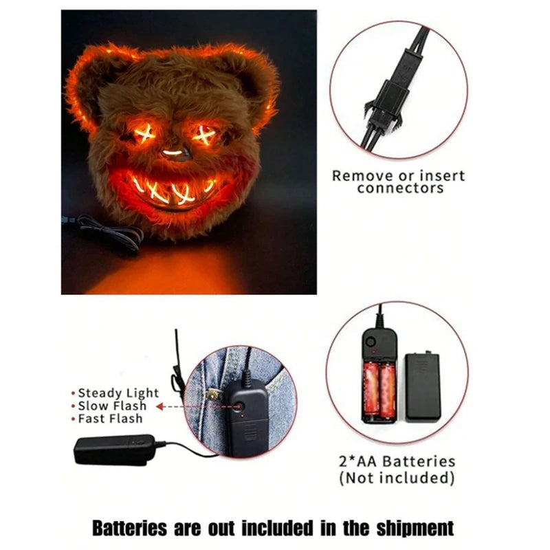 Máscara con brillo LED para Halloween, accesorios de terror, conejo sangriento y oso, simulan la piel, divertido disfraz de Cosplay, decoración de fiesta