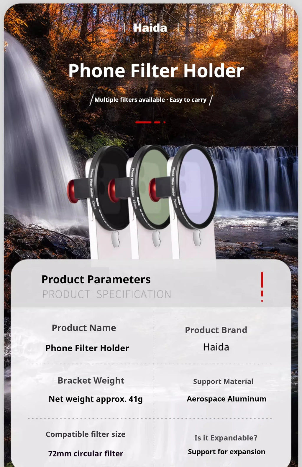 Soporte Universal Clip para Filtros de Teléfono Compatible con 72 mm
