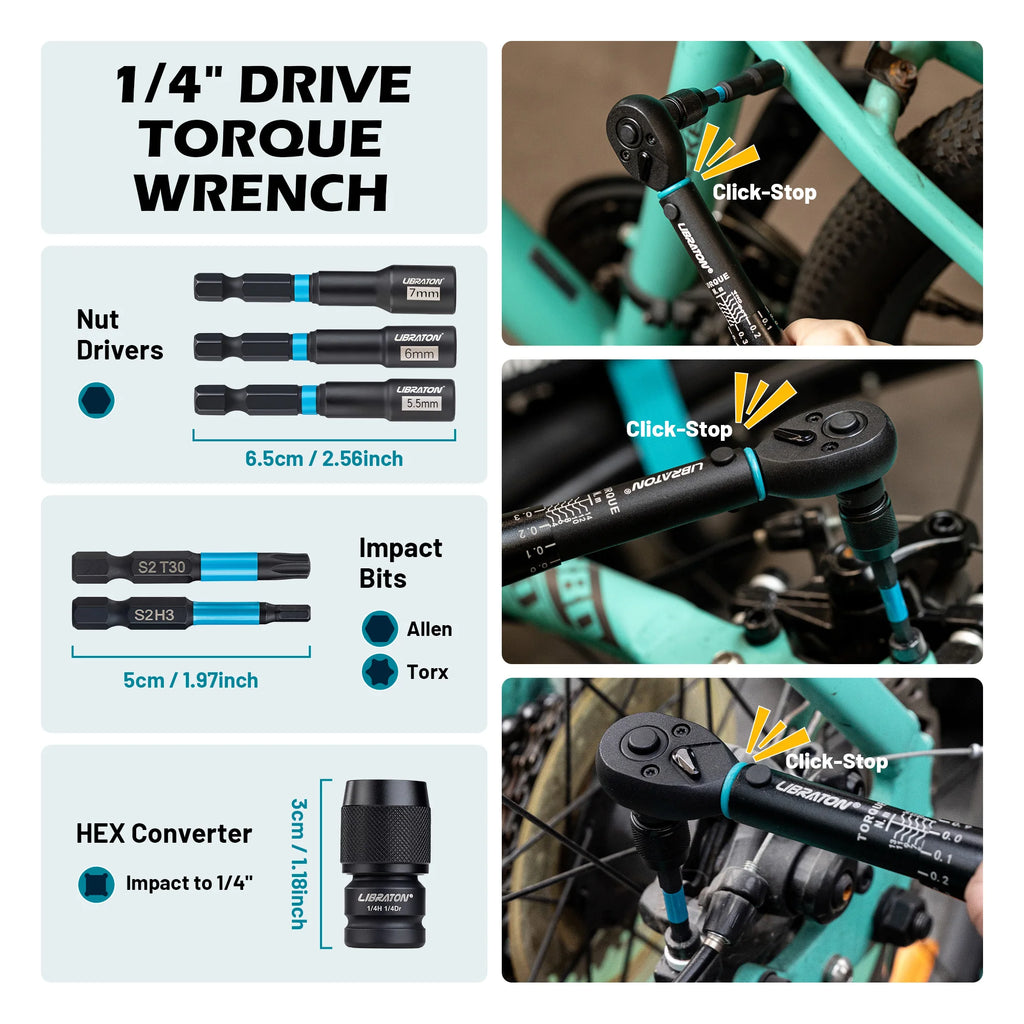Llave dinamométrica para bicicleta de 1/4 ", 2-14Nm, 21 Uds., juego de llaves dinamométricas para bicicleta, llave de tubo con broca de impacto, Kit de reparación de trinquete para motocicleta y bicicleta