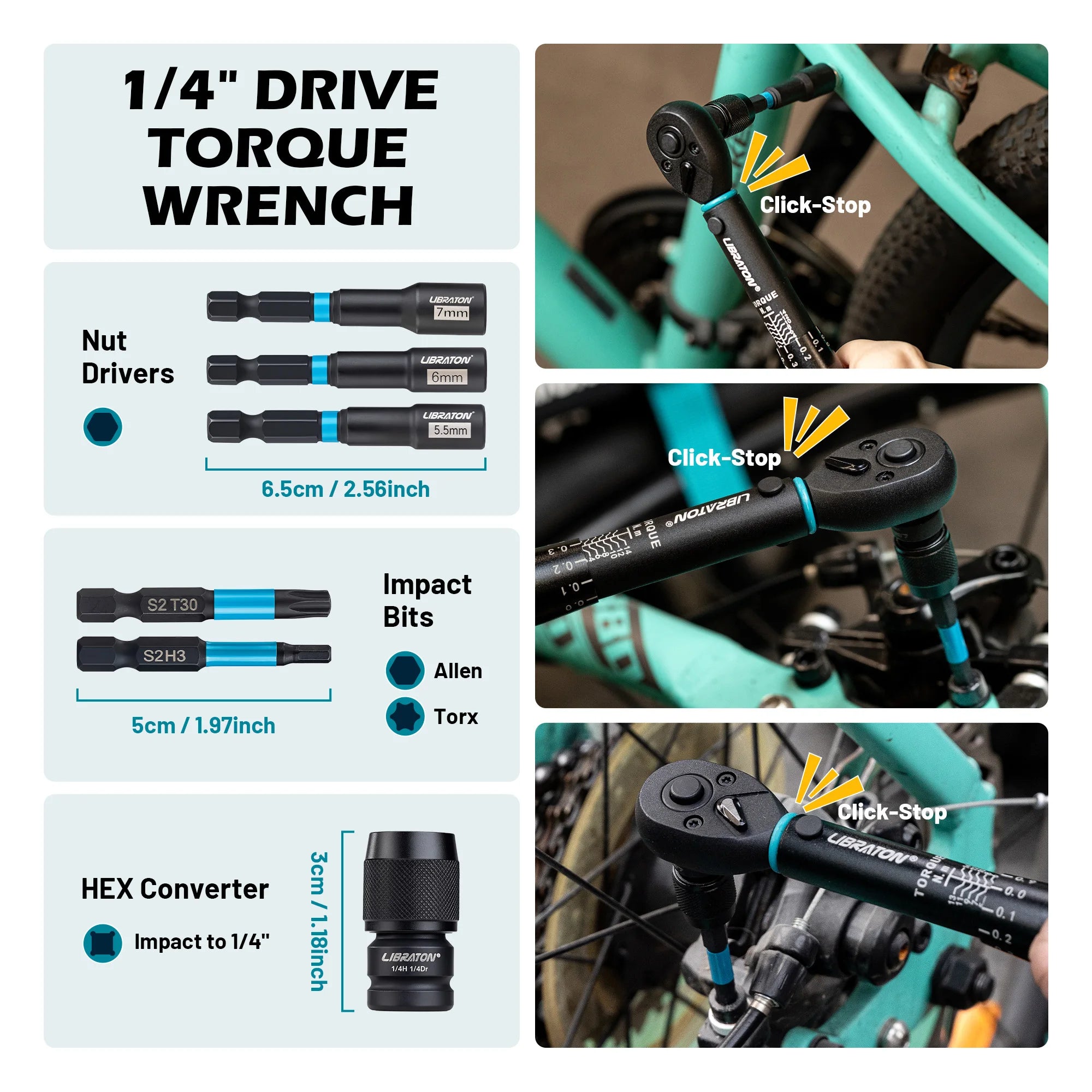 Llave dinamométrica para bicicleta de 1/4 ", 2-14Nm, 21 Uds., juego de llaves dinamométricas para bicicleta, llave de tubo con broca de impacto, Kit de reparación de trinquete para motocicleta y bicicleta