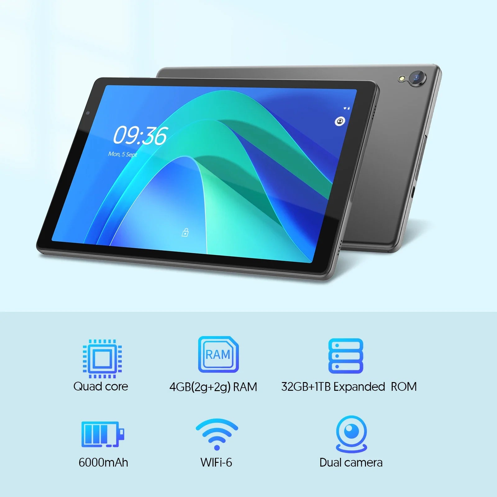 Tableta de 10 pulgadas, Android 14, procesador de cuatro núcleos, 4 GB de RAM (2 GB + 2 GB ampliable), almacenamiento de 32 GB, Wi-Fi, cámaras duales, 6000 mAh