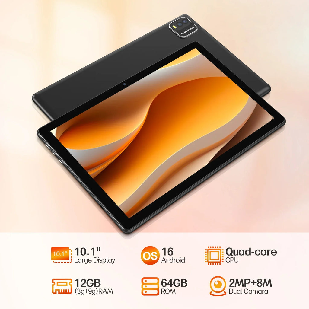 Modelo 2026 (Versión Mejorada) |   Tableta Android 16 de 10.1 Pulgadas |   Procesador de Cuatro Núcleos |   12GB (3GB + 9GB) de RAM + 64GB de ROM |   Wi-Fi 6