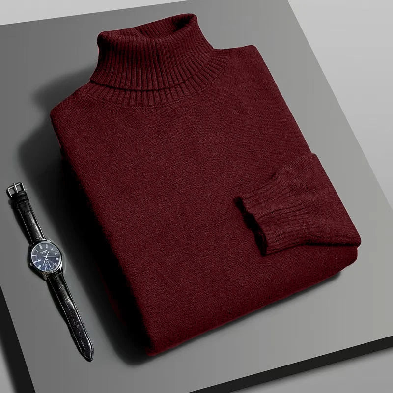 Otoño para hombre de alta calidad de punto suéter de cuello alto ajustado de manga larga anti-pilling jersey Color sólido tendencia hombres Streetwea