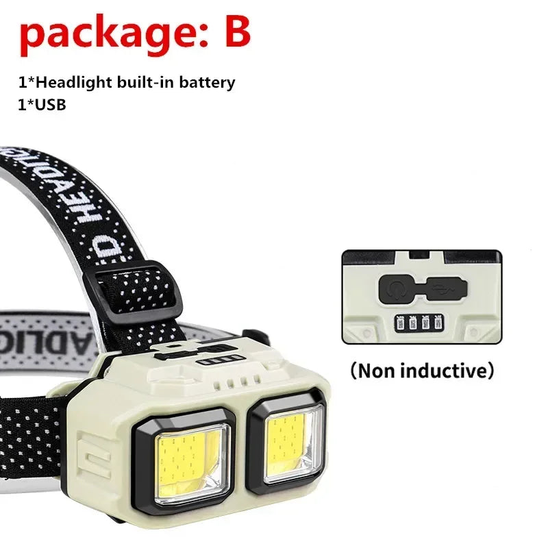 Linterna Frontal LED COB Recargable USB para Camping y Pesca