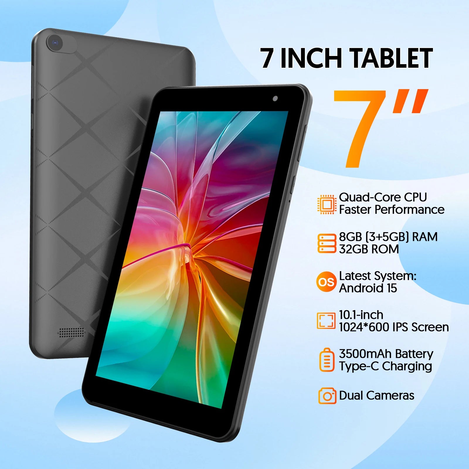 Tablet Android 15 BAKEN 7 pulgadas 8GB RAM 32GB IPS Quad Core