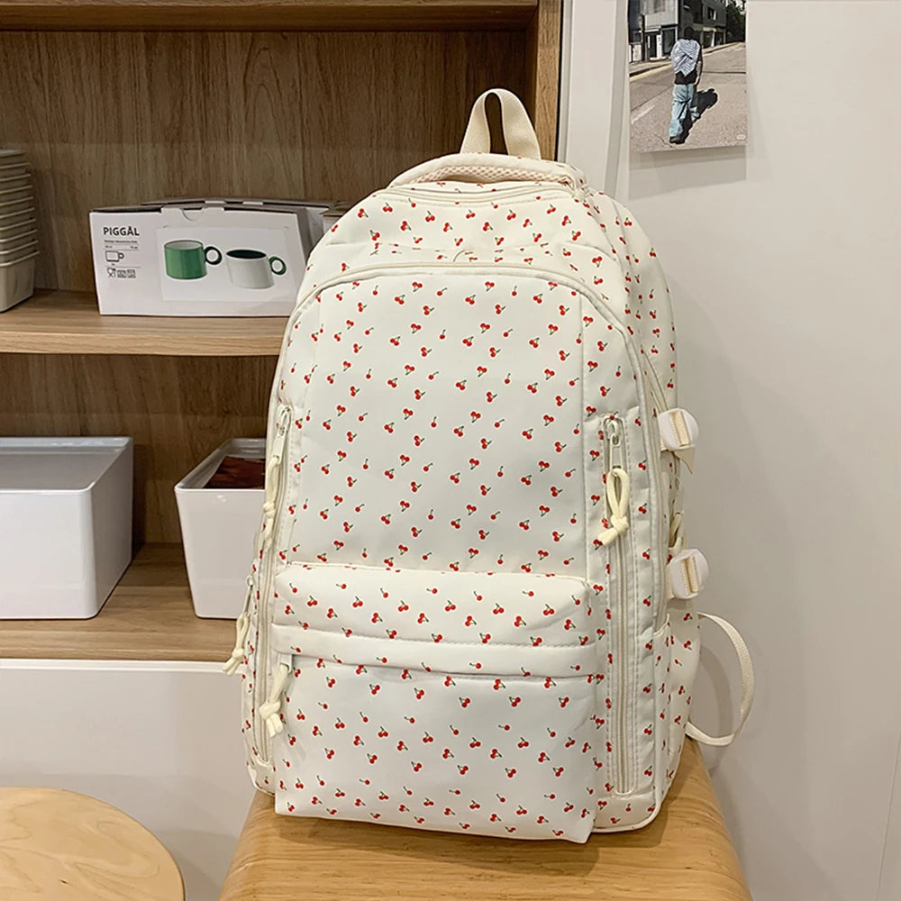Mochila de Nailon con Estampado de Cerezas, Ligera y Resistente
