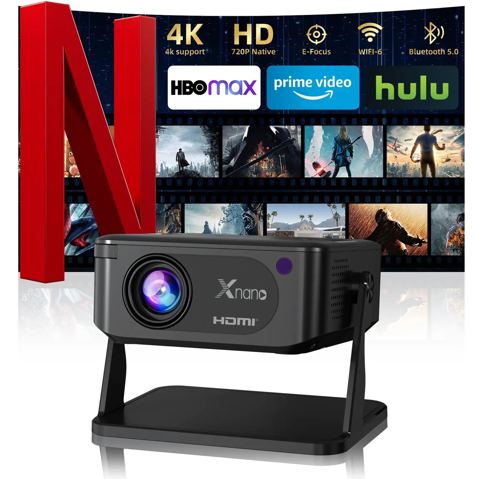 Proyector inteligente HA109 nativo 720P 4K Decodificar 130ANSI Android 11 WiFi6 Bluetooth5.0 270 ° Proyector de cine en casa giratorio