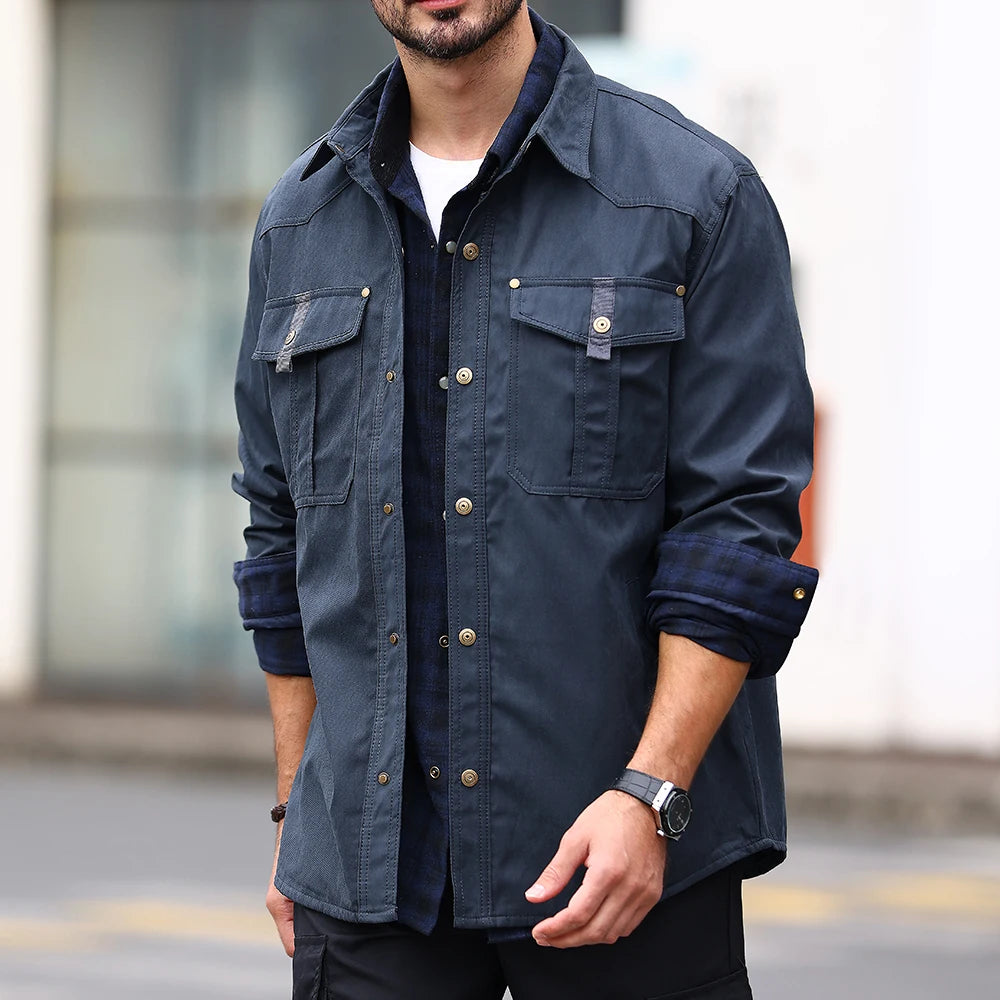 Chaquetas para hombre, camisa forrada de franela de primavera, abrigo, sudadera informal con botones a presión, estilo vaquero occidental, Top de alta calidad, talla estadounidense