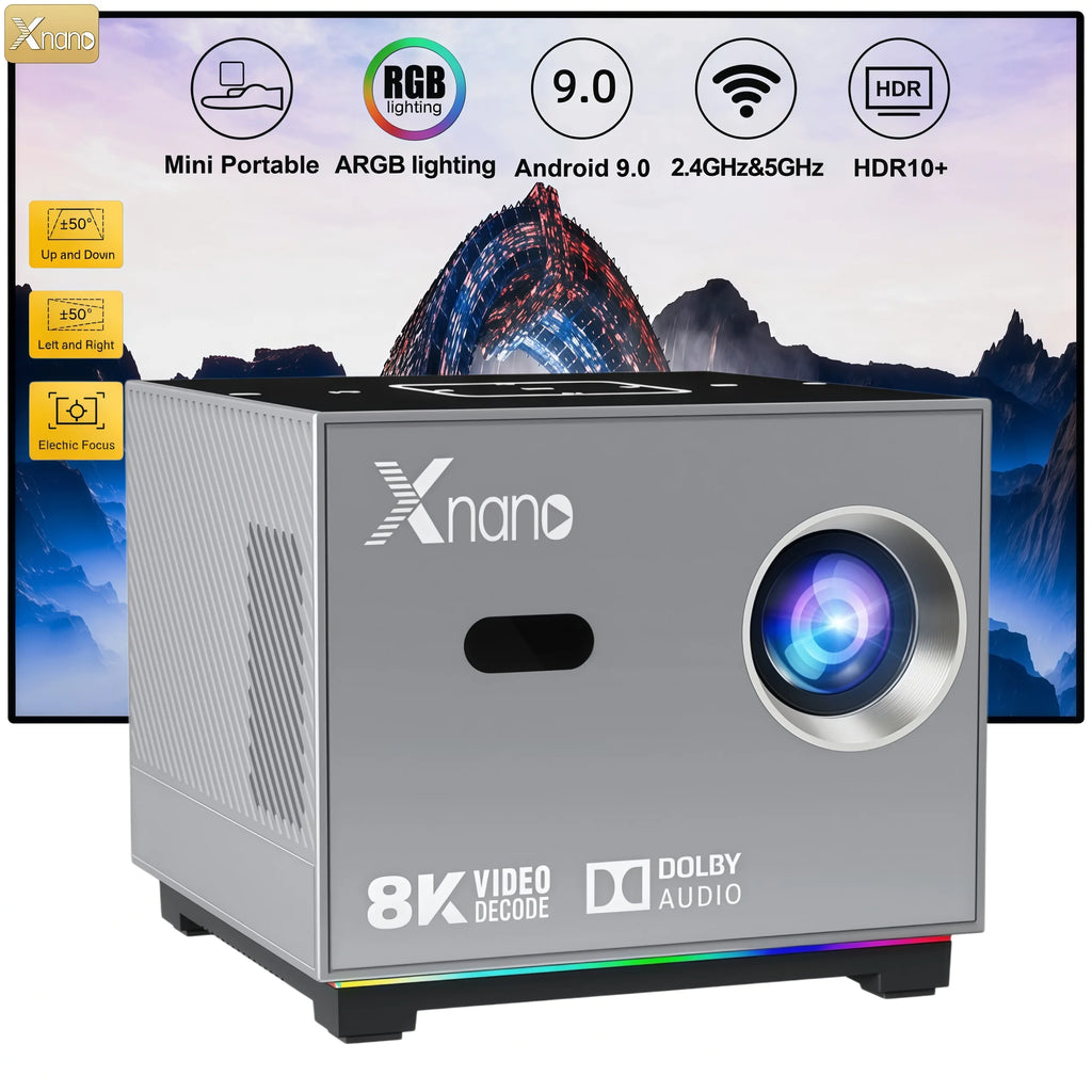 Mini Proyector Xnano X3 Android 9.0 Decodificación 8K Enfoque Eléctrico ±50 °   Sistema de Cine en Casa Portátil Keystone con Luz ARGB, Audio Dolby, WiFi y Bluetooth