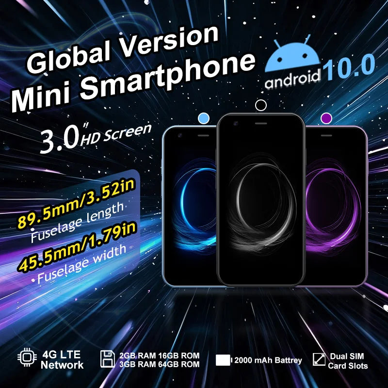 Mini Teléfono Inteligente ONEMYTH XS16 Azul de 3 Pulgadas |   4G Doble SIM Doble Modo de Espera |   Memoria de 3+64 GB |   Teléfono Pequeño con Reconocimiento Facial de Play Store