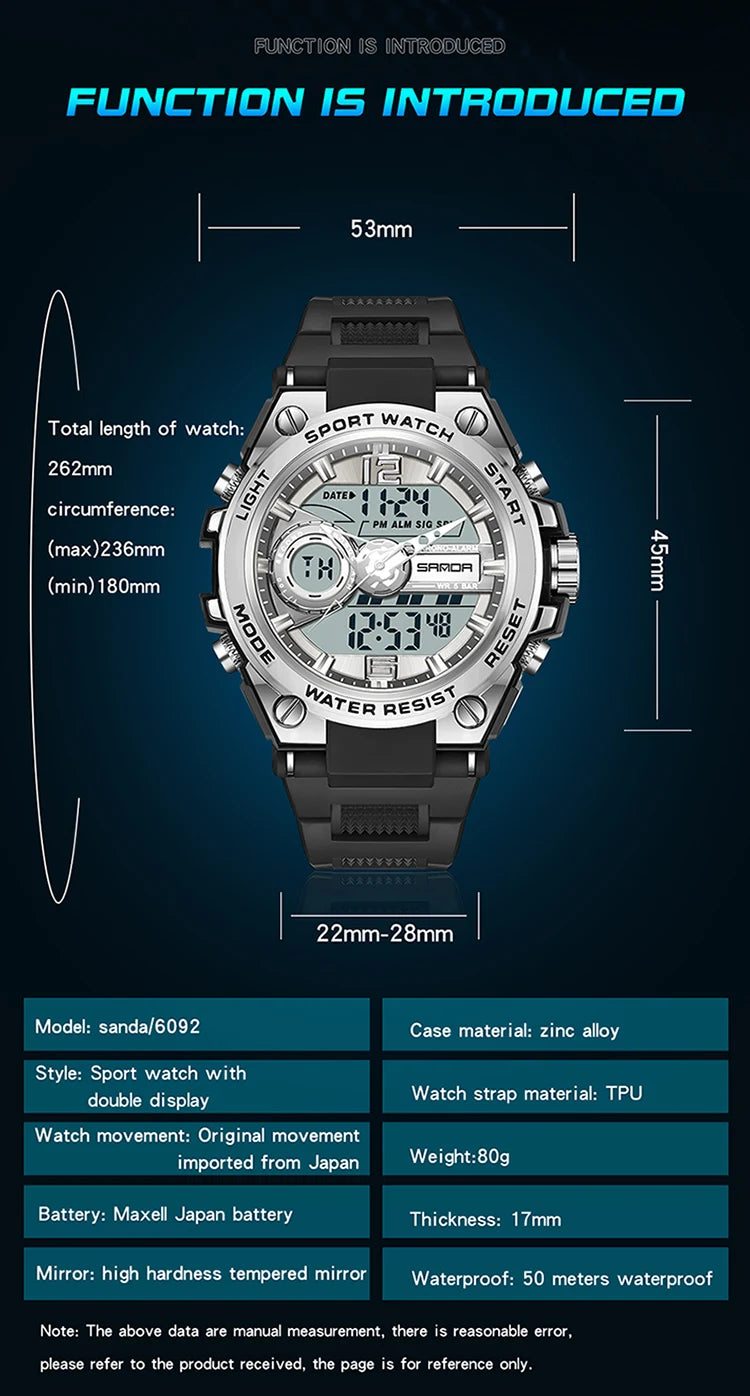 Reloj Deportivo Militar SANDA 6092 Pantalla Dual LED, Resistente al Agua