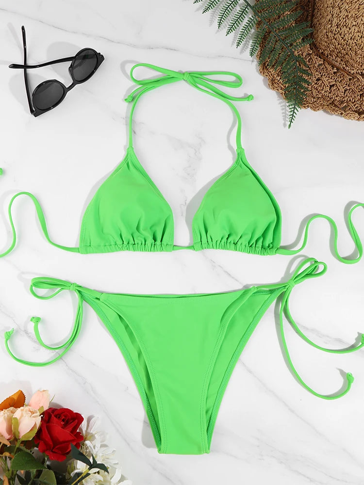 Bikini de Color Sólido con Tanga para Mujer, 2 Piezas