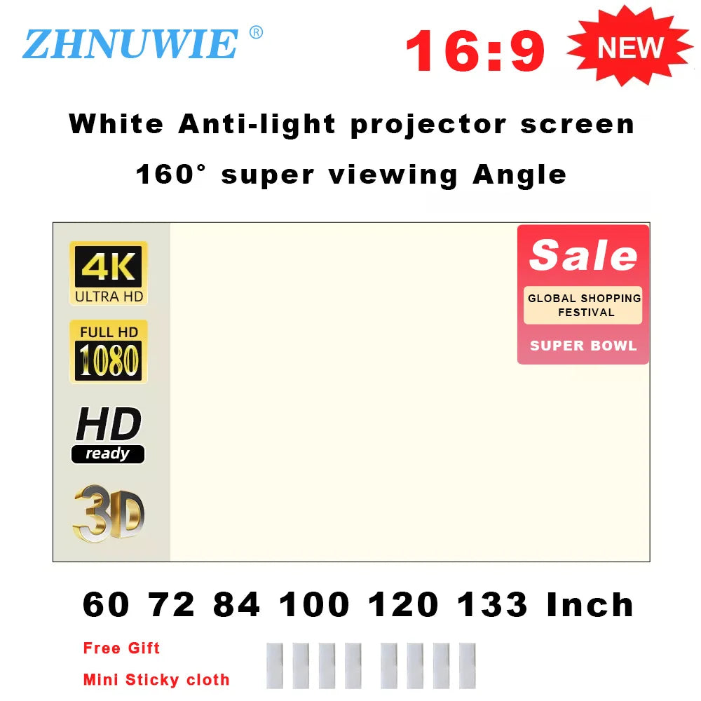 Pantalla de proyección anti-luz 16:9, tela HD reflectante de 60 a 133 pulgadas