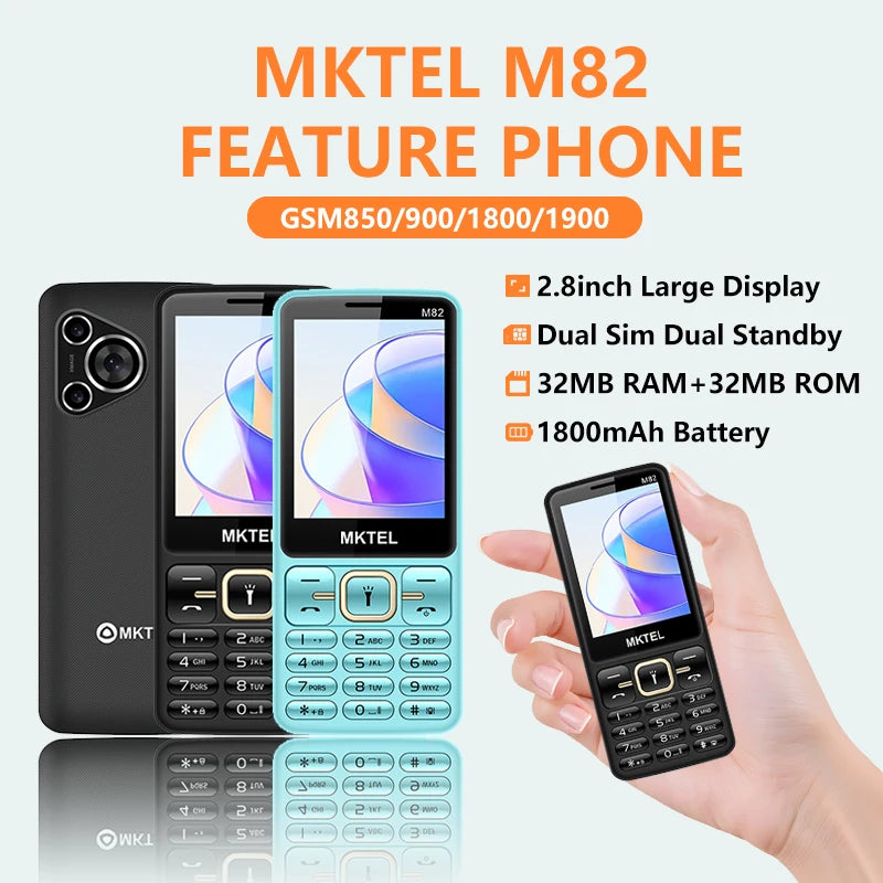 Teléfono con Teclado Grande MKTEL M82, Pantalla de 2.8 Pulgadas, Doble SIM, 1800 mAh, Bluetooth, MP3, Cámara, Mini Teléfono
