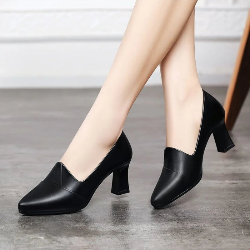 Zapatos de Tacón Grueso con Punta en Pico para Mujer, Zapatos de Oficina y Carrera, Corte en V, Acabado Mate, Clásicos, Elegantes y Cómodos