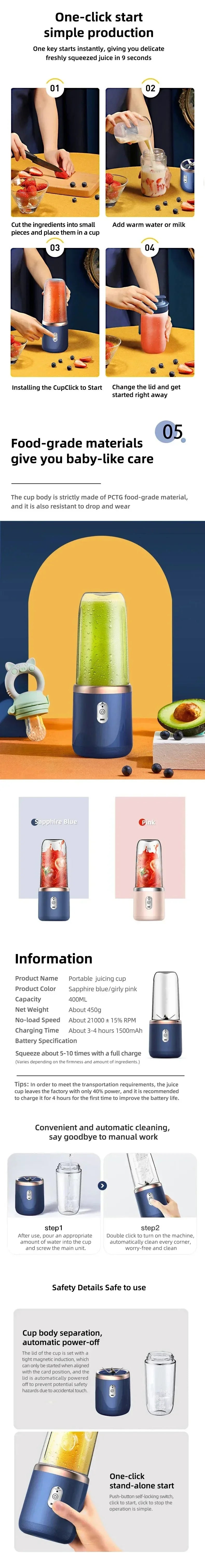 Licuadora Portátil USB 400ml Vaso Mezclador de Viaje