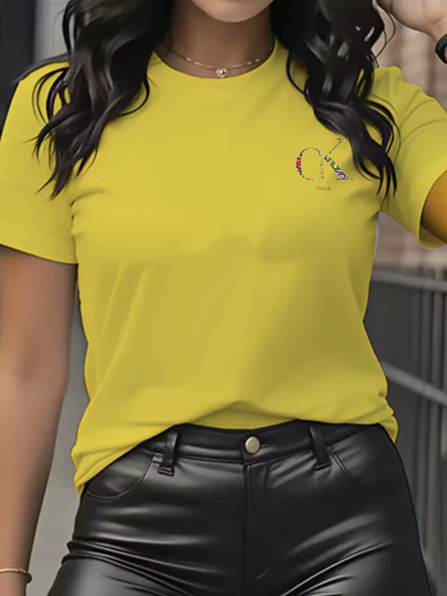 Camiseta con Estampado de Dibujos Animados y Letras Cuello Redondo