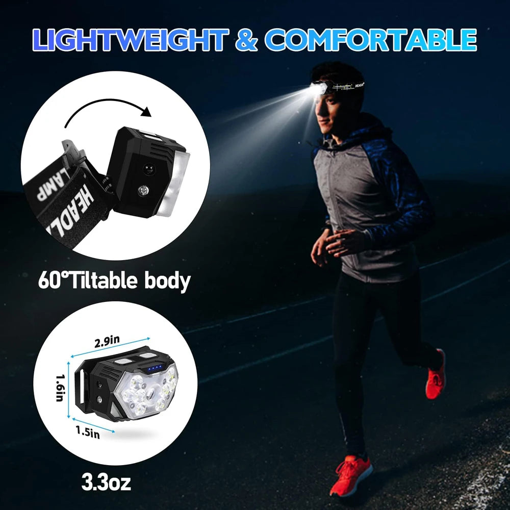 Linterna frontal 9 LED recargable USB con sensor movimiento