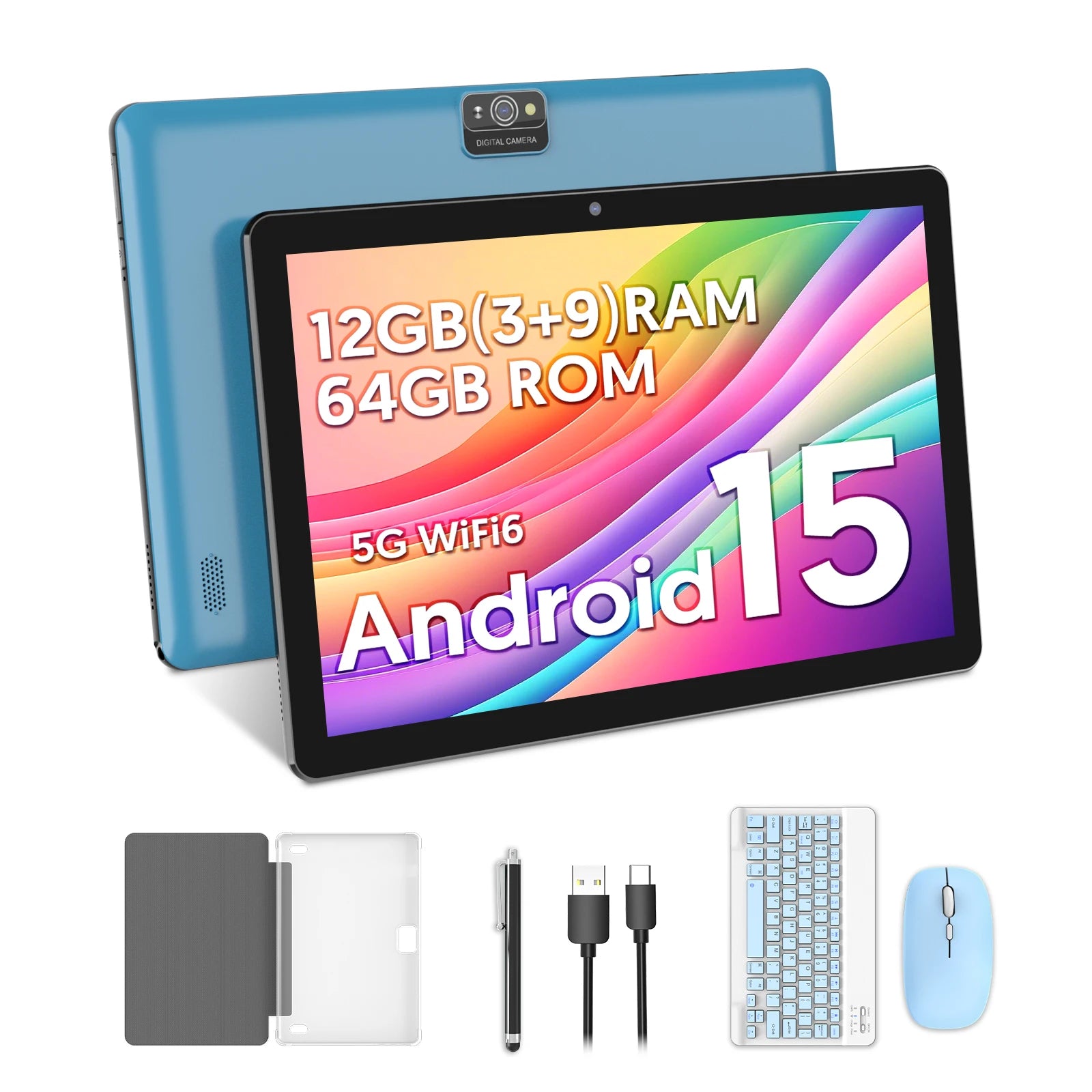 BAKEN Tableta de 10 pulgadas, Android 15, procesador de cuatro núcleos, 64 GB de RAM, memoria expandible de 1 TB, altavoces duales, juego de teclado y mouse