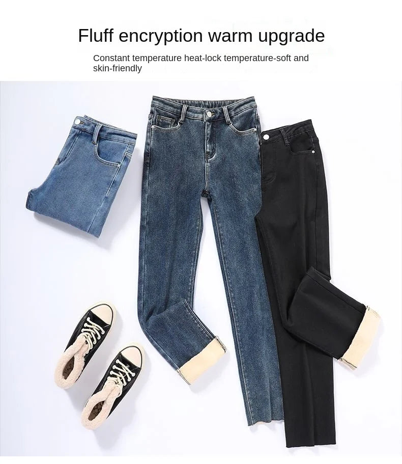Pantalones Vaqueros Y2K con Forro Polar para Mujer, Cintura Alta, Pierna Recta