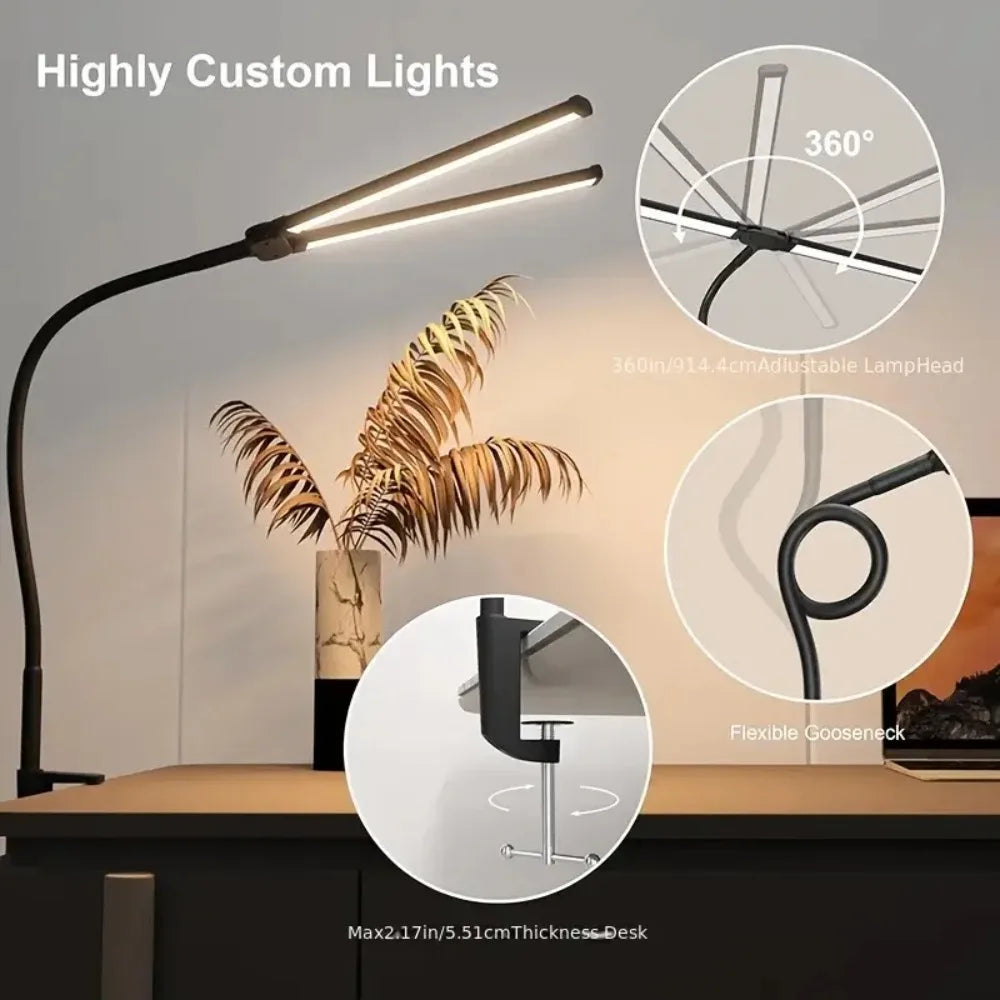 Lámpara de escritorio de doble cabezal LED con clip 3 modos de brillo adaptador USB ajustable adecuado para leer estudiar monitores de piano Oficina