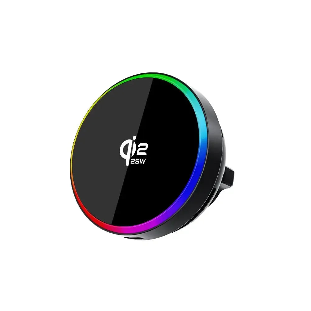 Cargador Magnético para Coche Qi2 de 25W con Luz RGB, Soporte para Rejilla de Ventilación con Carga Rápida y Refrigeración para iPhone 17 Pro Max