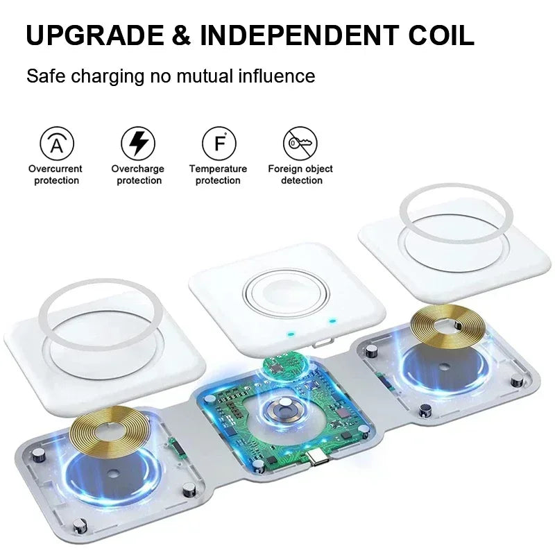Cargador Inalámbrico Plegable 3 en 1 de Carga Rápida para Escritorio, Compatible con iPhone 17 16 15 14 13 Pro Max, iWatch 10 9 8 7 6, AirPods Pro 2