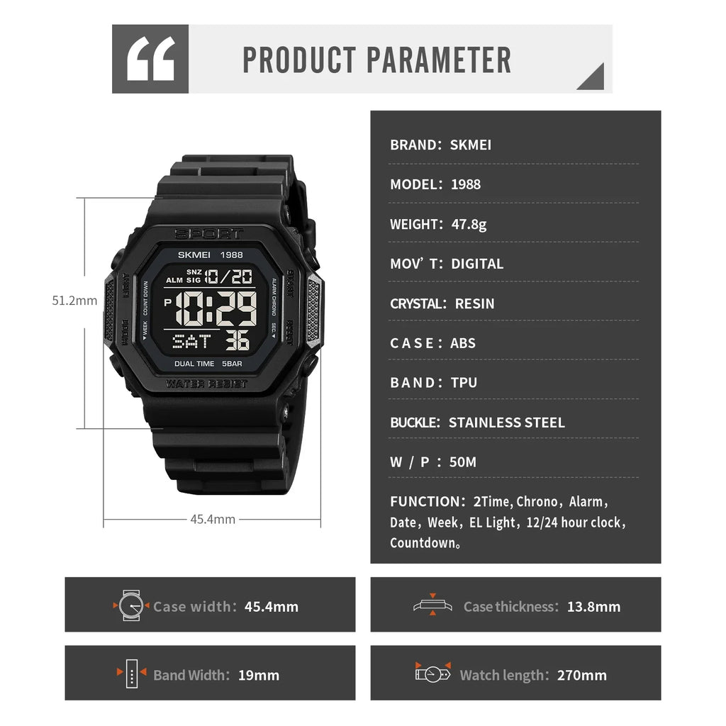 Reloj deportivo Digital SKMEI 1988 para Hombre, pantalla LED, relojes de pulsera militares con cuenta atrás, Reloj impermeable para Hombre 1628