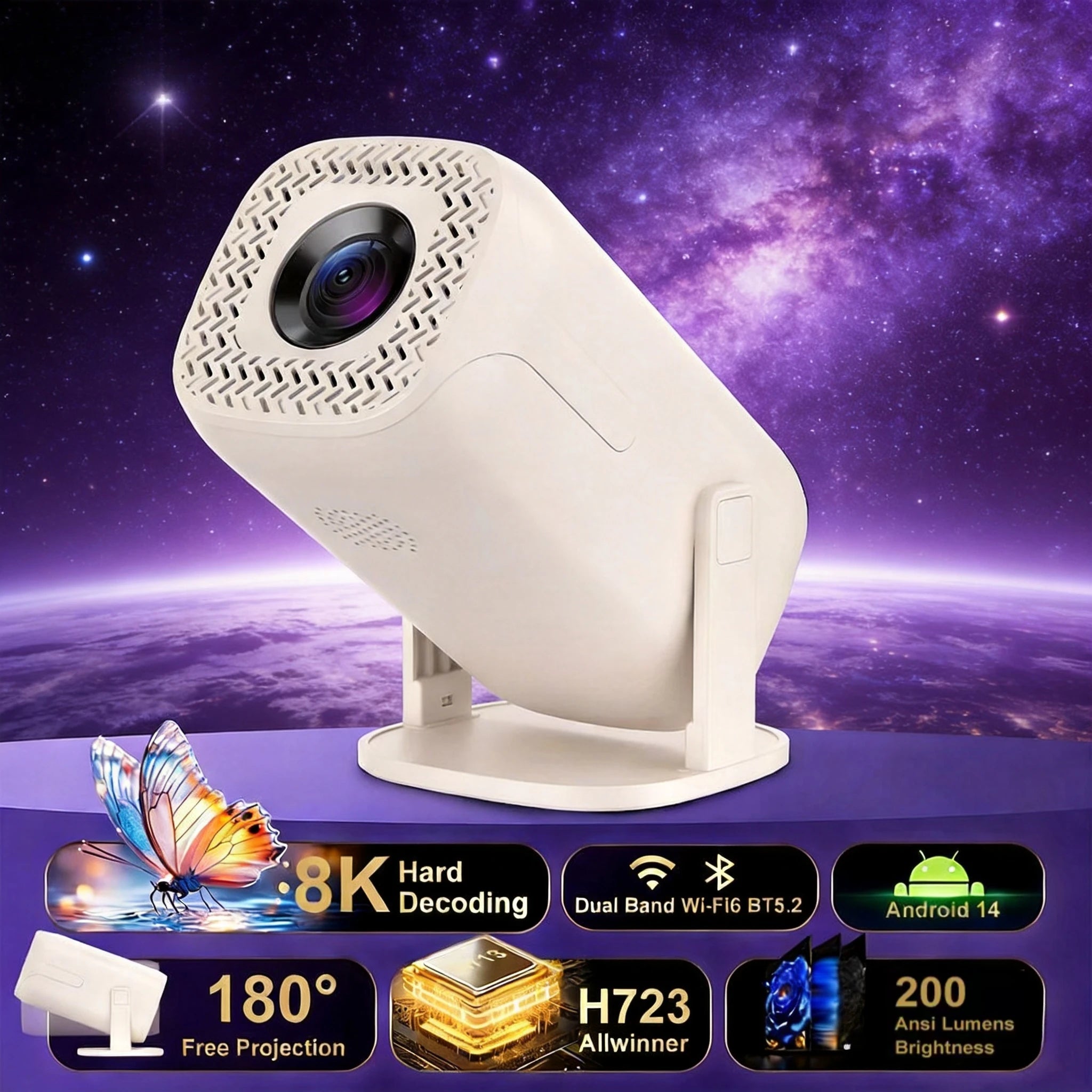 Mini proyector Android 14, decodificación 8K, WiFi6 y keystone automático