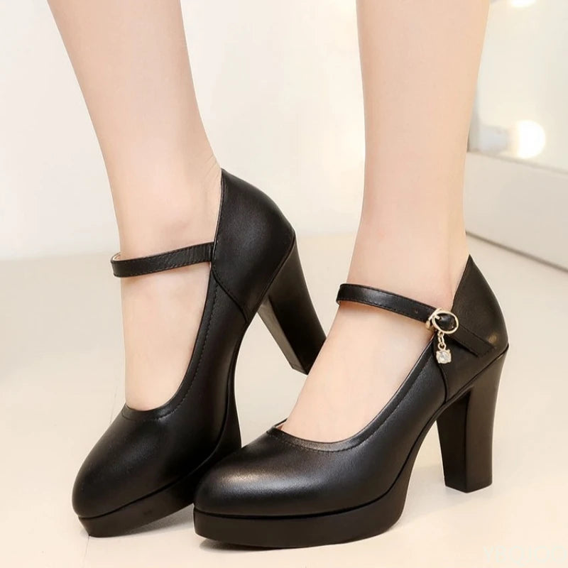 Zapatos de Tacón Grueso con Diamantes para Mujer | Punta Redonda
