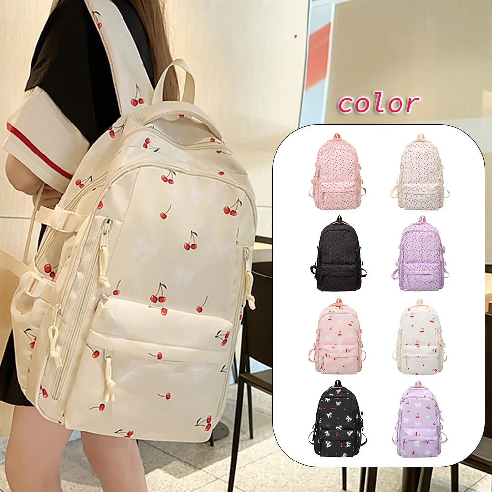 Mochila de Nailon con Estampado de Cerezas y Lazos, Mochila Grande con Múltiples Bolsillos, Ligera y Resistente al Agua para la Escuela y Uso Diario