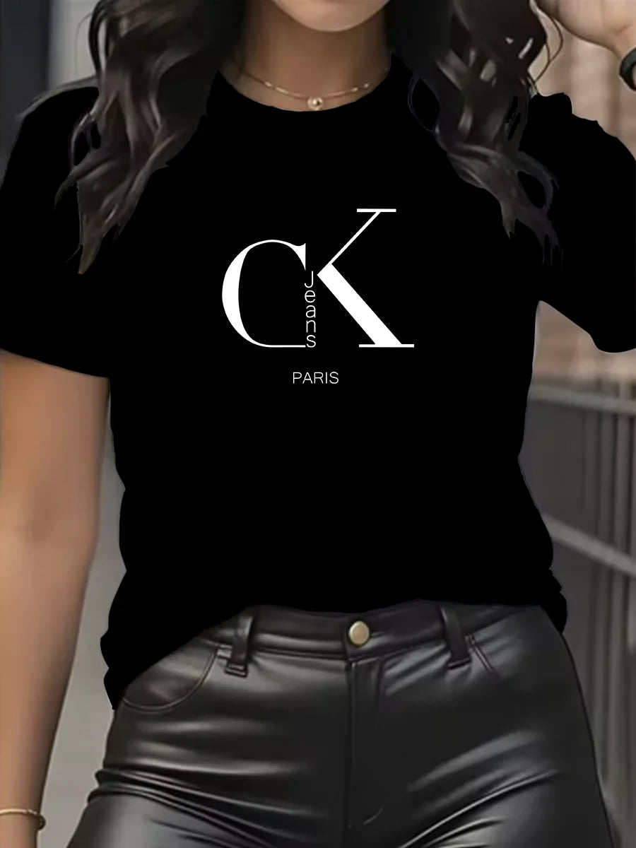 Camiseta con Estampado de Dibujos Animados y Letras Cuello Redondo