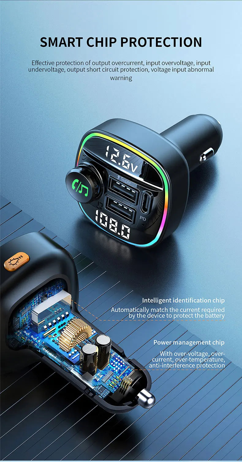 Transmisor FM Bluetooth 5.3 para Auto con Carga Rápida USB 22.5W