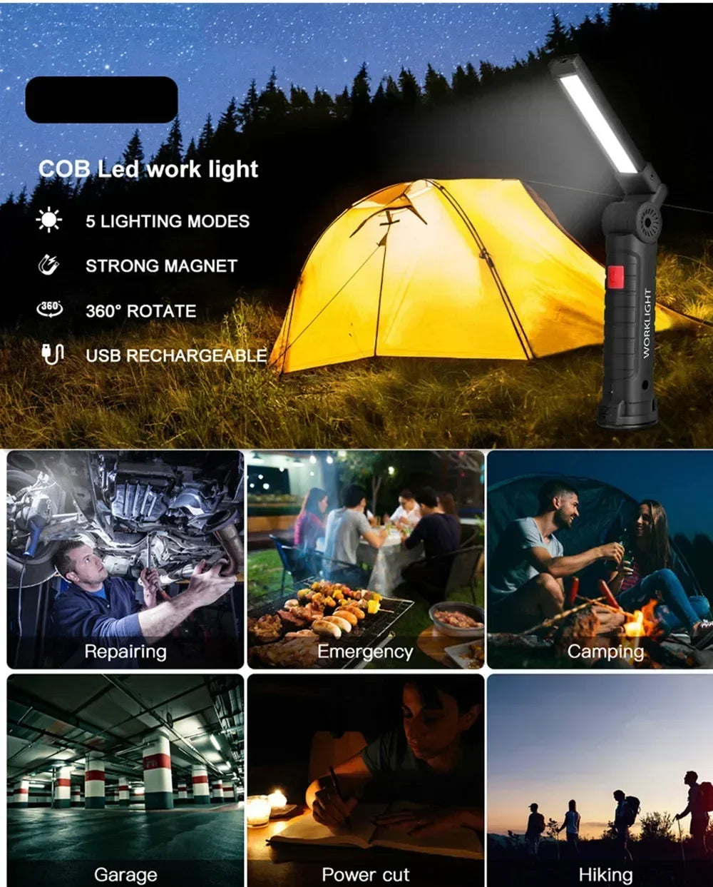 Lámpara de Trabajo LED COB Recargable con Imán y Gancho