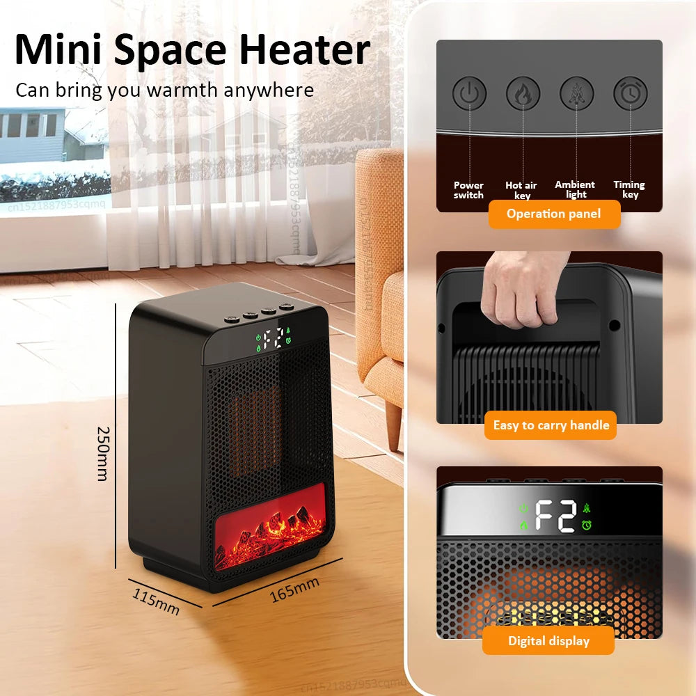 Calentador eléctrico de escritorio con termostato y llama 3D decorativa