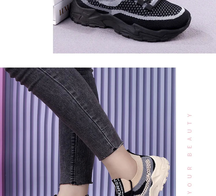 Zapatillas gruesas 2025, zapatos informales para mujer, zapatos deportivos transpirables de malla de aire para primavera y otoño, zapatos para correr de suela blanda para mujer