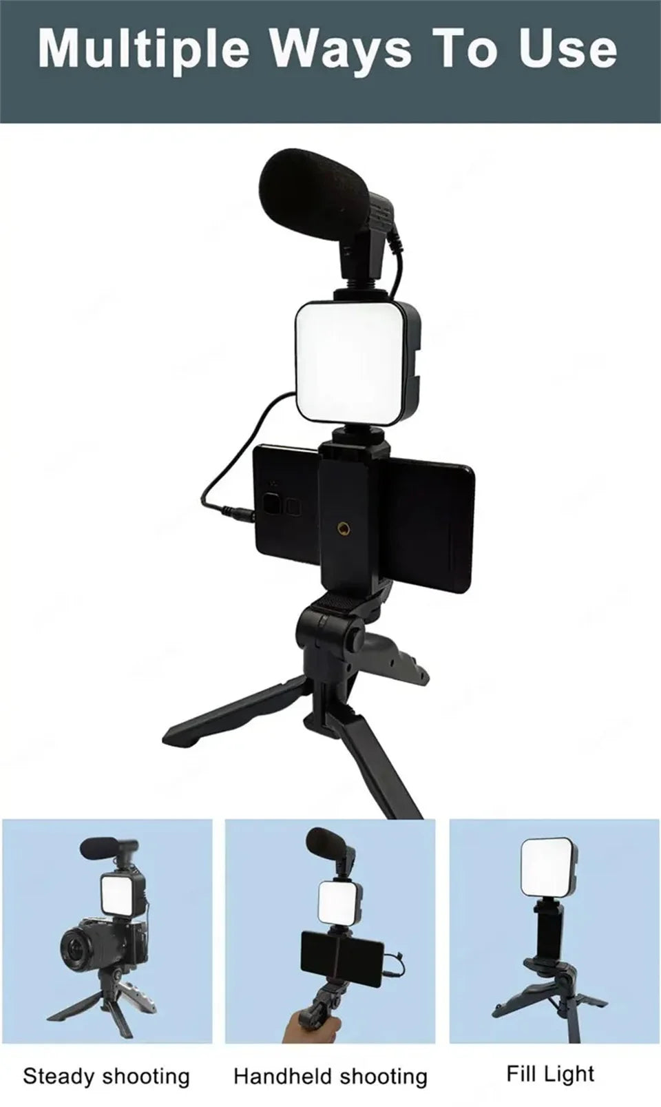Kit de vlogging para teléfono inteligente con trípode, soporte para teléfono, Mini micrófono, luz de relleno LED, arrancador para TikTok, transmisión en vivo, vídeo, YouTube