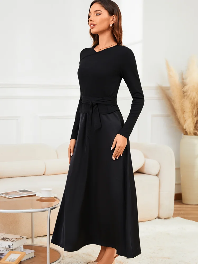 VEITCHE 2025 moda mujer vestido largo traje de algodón con cuello en V Top de punto con cinturón + falda larga de tirantes de Color sólido satinado