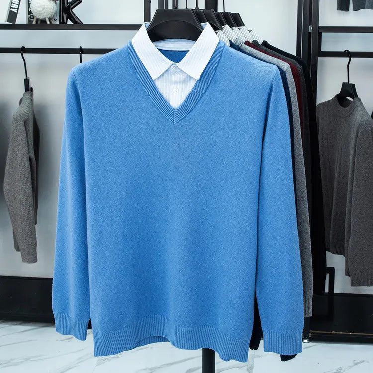 Suéter de punto con cuello de camisa para hombre, azul claro (6 colores), diseño falso de dos capas, estilo informal de negocios    Ajuste elástico y cómodo