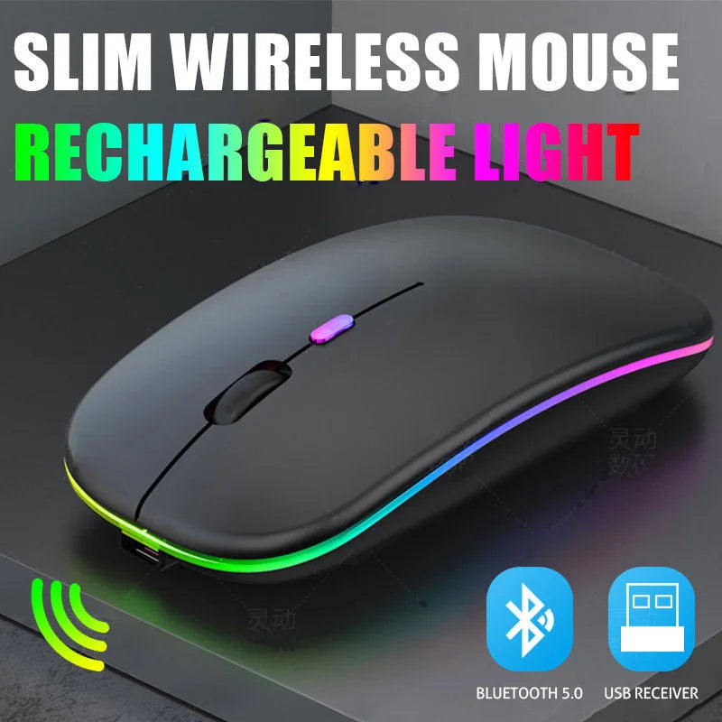 Ratón inalámbrico Bluetooth 5,0 con luz RGB recargable por USB para ordenador portátil, PC, Macbook, 2,4 GHz, 1600DPI