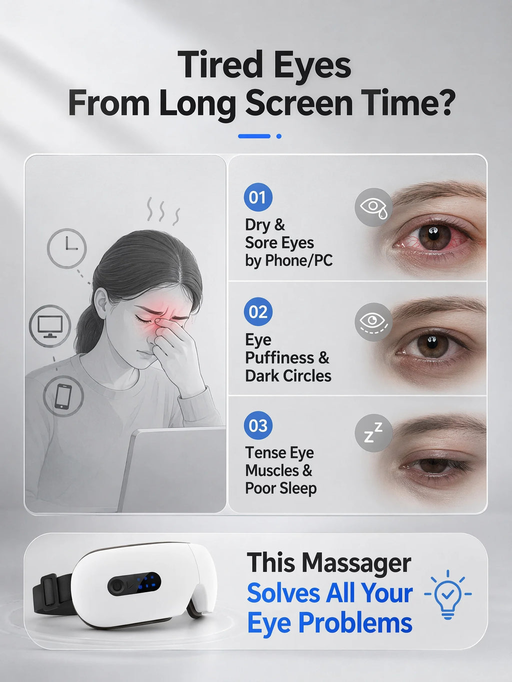 Masajeador de Ojos Inalámbrico con Compresas Calientes y Bluetooth