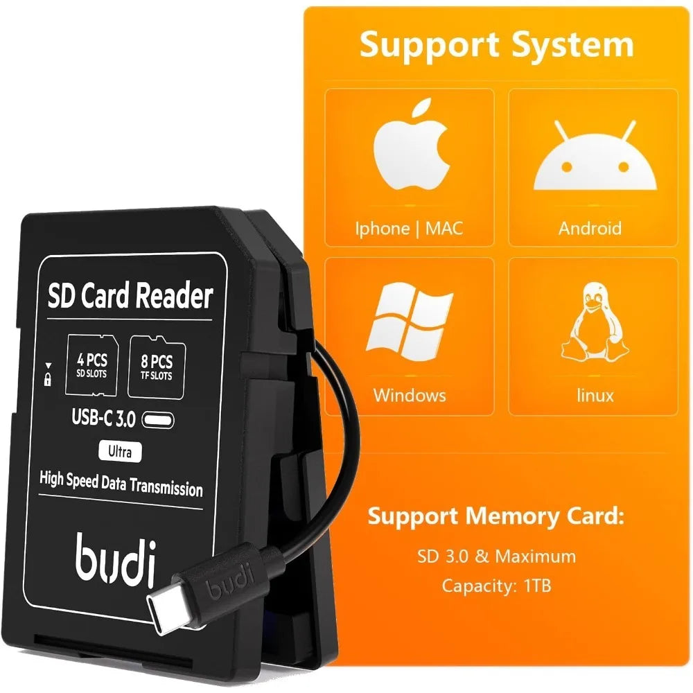 Estuche de Almacenamiento para Tarjetas de Memoria BUDI SD TF con Lector de 12 Ranuras, USB Tipo-C, Transmisión de Datos de Alta Velocidad para Fotografía Digital