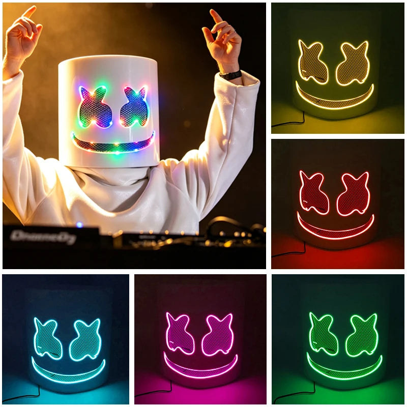 Máscara brillante de DJ Marshmello, barra de baile de Hip Hop, accesorios de espectáculo en club nocturno, máscara LED DIY de malvavisco Cos, máscara de DJ Disco para hombres, Disfraz
