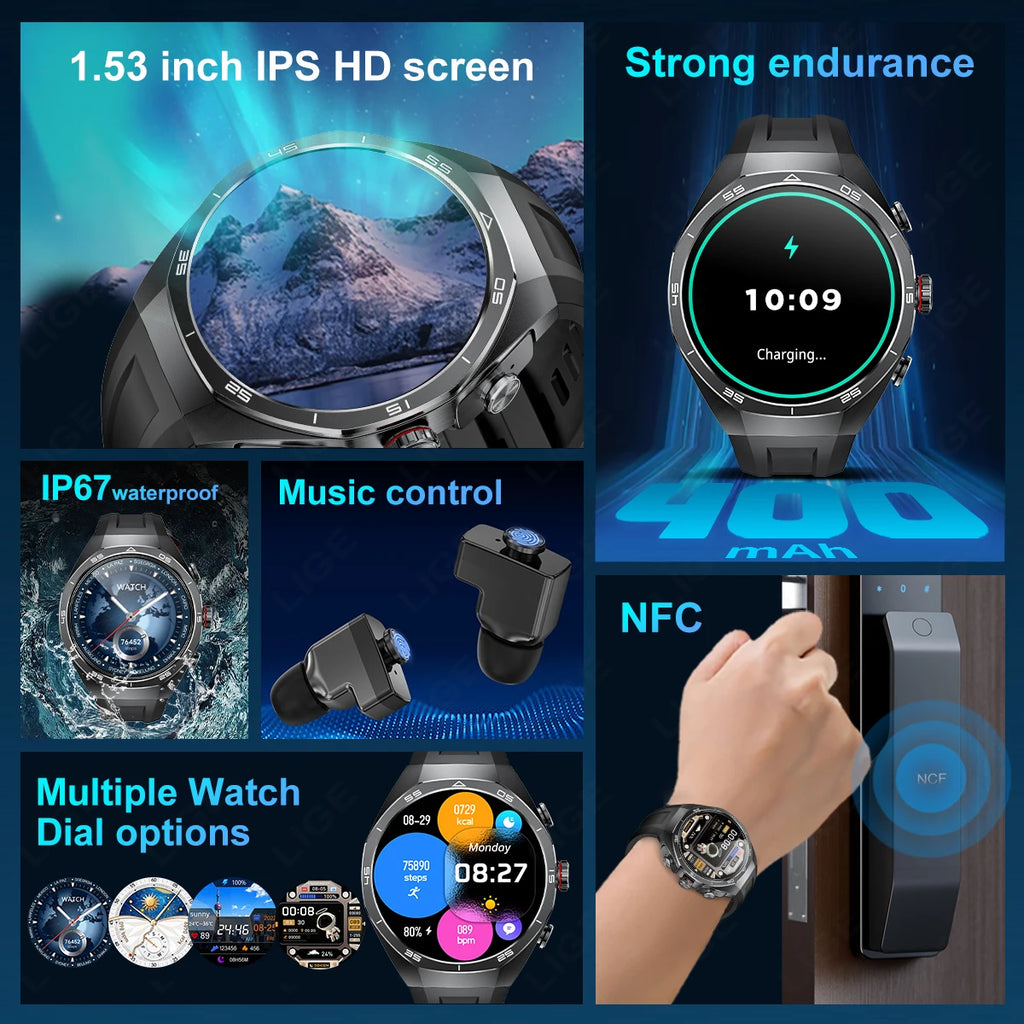 Smartwatch LIGE 2 en 1 con auriculares TWS, llamadas Bluetooth y monitor de salud
