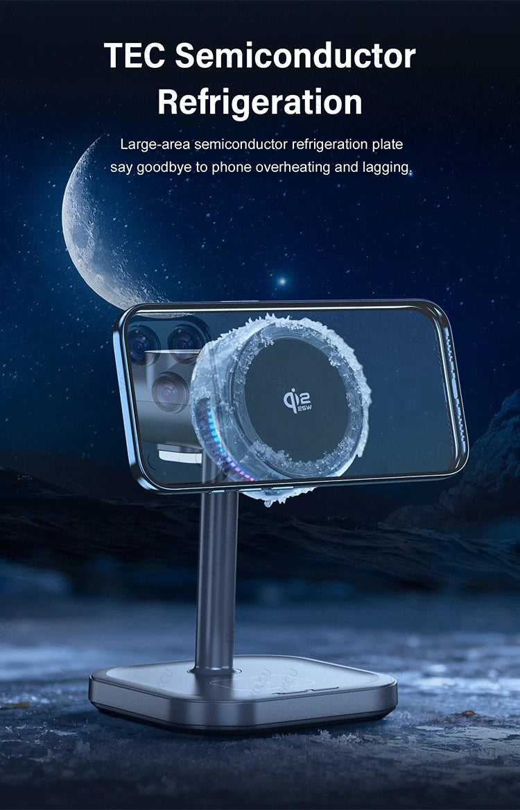 Cargador Inalámbrico Magnético Qi2 de 25W con Luz LED y Refrigeración por Aire para iPhone 17 16 15 14 13 12, Apple Watch y Airpods Pro, Carga Rápida