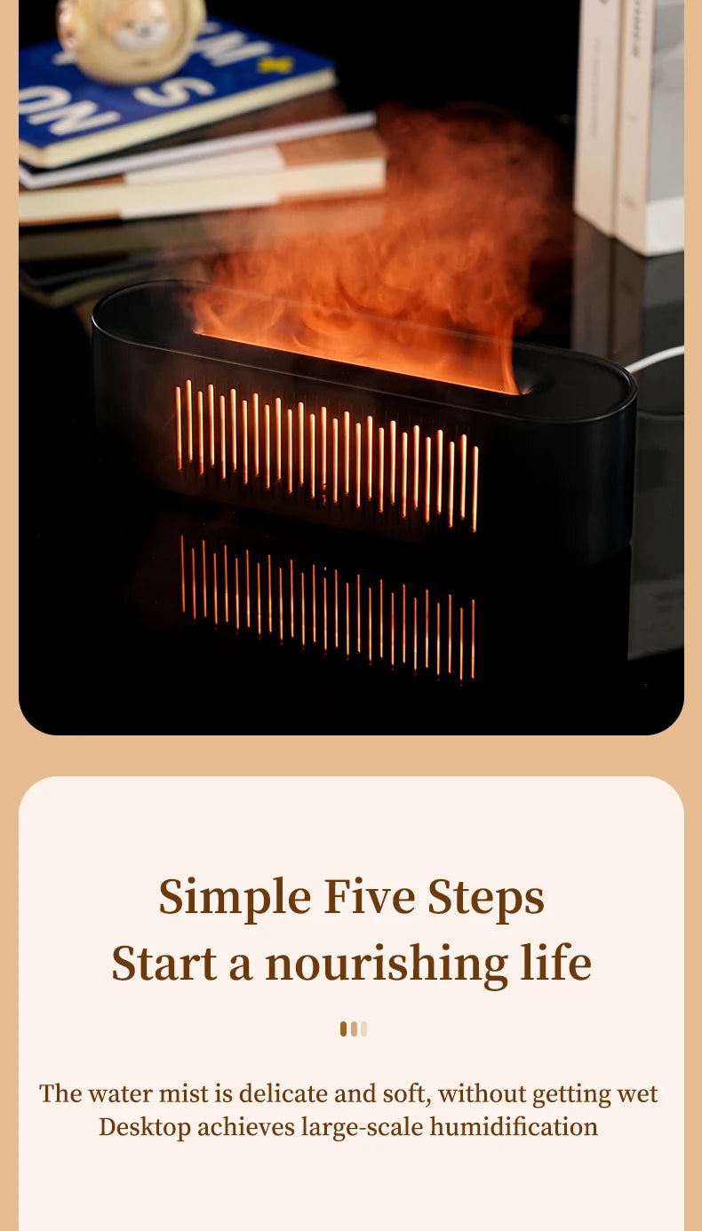 Humidificador de aromaterapia con llama, atmósfera colorida, luz nocturna, humidificación silenciosa, diseño de ventilación de fondo suave
